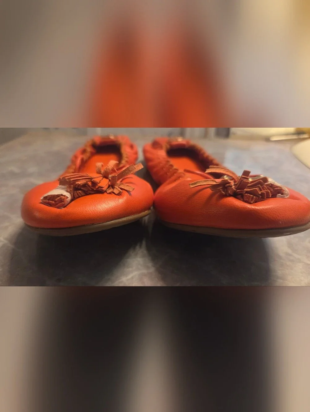 Tory Burch Orange Leather Tassel Ballet Flats with Gold Logo
